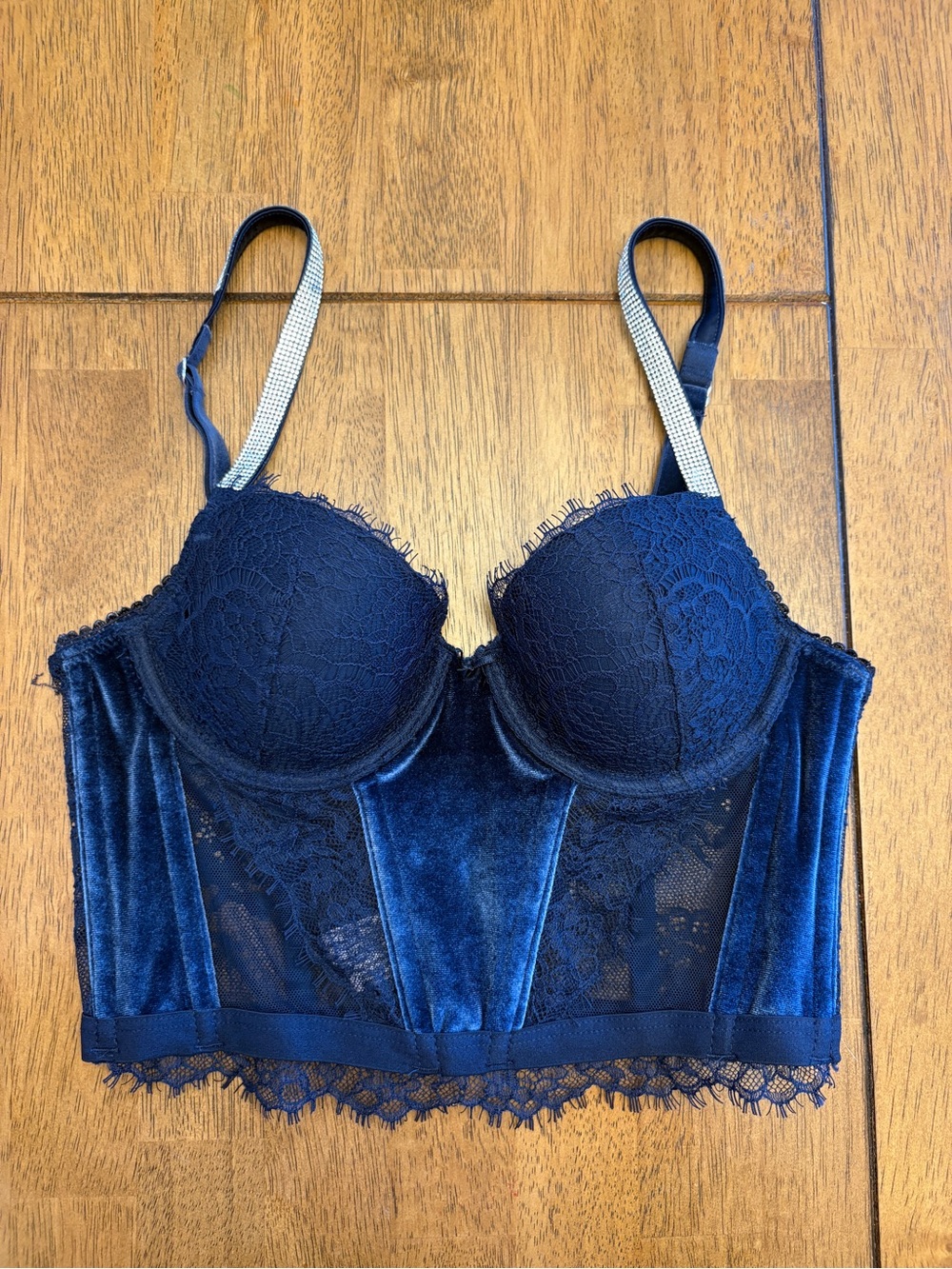 Victoria’s Secret Velvet and Lace Longline Corset Bustier 32B Navy Blue Sequins